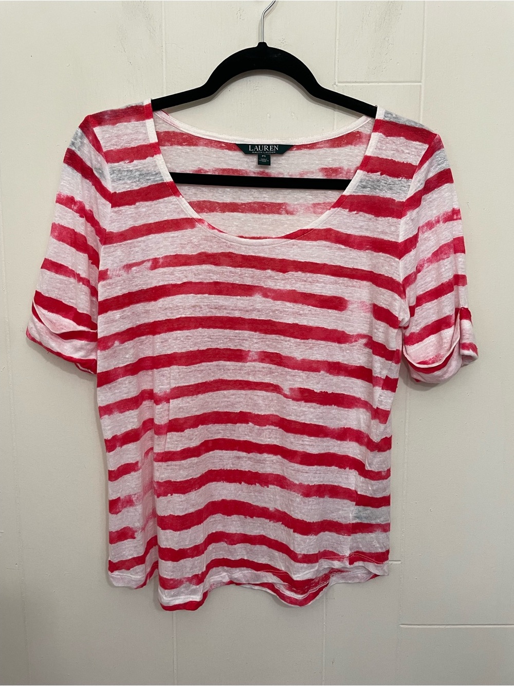 Lauren Ralph Lauren Linen Blouse Top Size PS Red White Stipe Coastal Chic Luxury